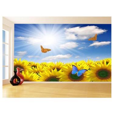 Imagem de Papel De Parede 3D Céu Azul Girassol Borboleta 3,5M Nsk108 - Você Deco