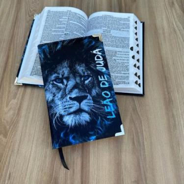 Imagem de Bíblia RC Leão de judá azul Capa dura acolchoada  com harpa e índice -