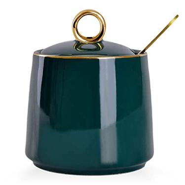 Imagem de WHJY Açucareiro de cerâmica com tampa e colher, recipiente de sal de porcelana branca simples e transparente, caixa de temperos moderna para casa e cozinha café bar - verde