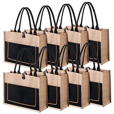 Imagem de 8 peças sacolas reutilizáveis de juta sacolas de supermercado com lona bolso frontal estopa bolsa com alças vintage grande sacola de compras em branco bolsa de presente de dama de honra para mulheres praia casamento piquenique faça você mesmo trabalho viagens