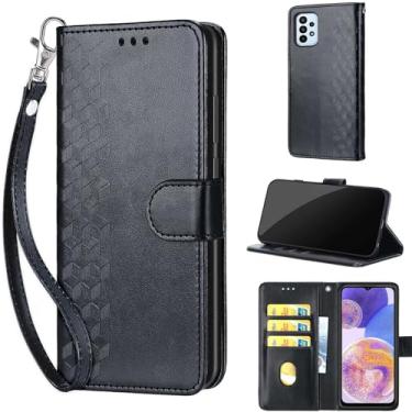 Imagem de Capa carteira projetada para Samsung Galaxy A23 5G, capa flip feminina com suporte de couro PU em relevo, compartimentos para cartões de crédito, alça de pulso, capa para celular para Samsung A23