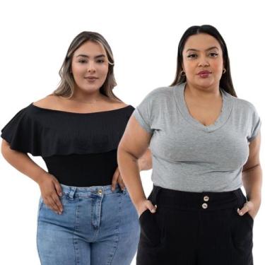 Imagem de Blusa Feminina Ombro A Ombro Babado Ciganinha + Camiseta Basica Lisa D