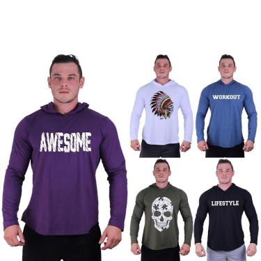 Imagem de Kit 5 Camisetas Manga Longa com Touca Longline Estampada Treino Academia Lazer Casual-Masculino