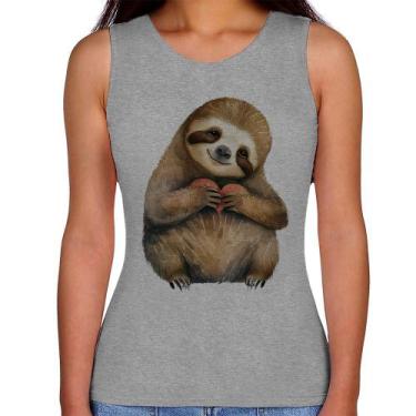 Imagem de Regata Feminina Bicho Preguiça Coração - Foca na Moda, Cinza, GG