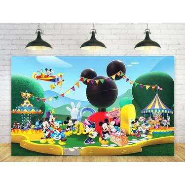 Imagem de Basifoto Pano de Fundo de Aniversário Mickey Mouse Clubhouse, Decoração de Festa, Mesa de Bolo, Tamanho 150 cm x 90 cm, Material Poliéster, Cor Amarela e Vermelha