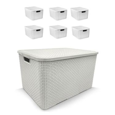 Imagem de Kit com 6 Caixas Organizadora Cesto Rattan 7 Litros Branco - Cesto Arq