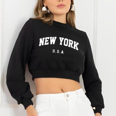 Imagem de Cropped de Moletom Street Wear Estampado New York Usa Blusa De Frio Cu