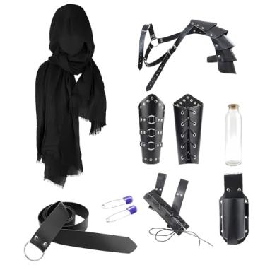 Imagem de Acessórios masculinos renascentistas, fantasia de cavaleiro medieval, couro, braçadeiras, cinto, capuz, cachecol, viking, Ren Faire Cosplay, Preto, One Size