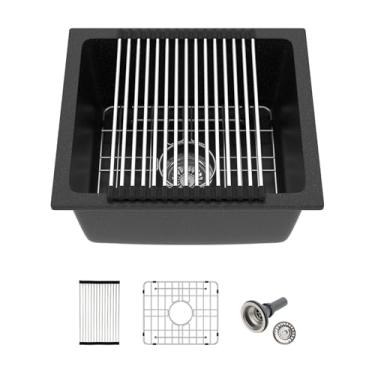 Imagem de Lofeyo Pia de cozinha preta com montagem inferior 45,7 cm x 40,6 cm de granito composto de granito preto pequeno pia de quartzo de montagem inferior moderna sob a borda do balcão tigela única pia de