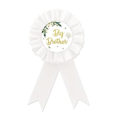 Imagem de Broche branco de crachá de folha de flandres Big Brother, botão de roseta Big Brother para aniversário infantil, folhas de eucalipto, broche de crachá de prêmio irmão para ser, decorações de festa de