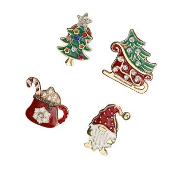 Imagem de 4 peças enfeite festivo de Natal broches esmaltados lapela botões pinos para mulheres meninas árvore de Natal Papai Noel trenó doce bengala floco de neve flor pérola xale broche jaqueta jeans mochila
