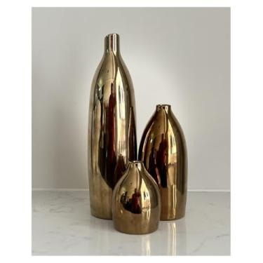 Imagem de Conjunto de vasos dourados - vasos de cerâmica, decoração de casa, vaso decorativo moderno para flor, centro de mesa para sala de jantar, sala de estar, console de entrada, lareira, estante de livros,