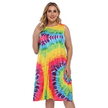 Imagem de ShopWonder Vestido feminino plus size casual de verão sem mangas, tie dye, vestido de sol, praia, saída de praia, Tie Dye Sun, 5G