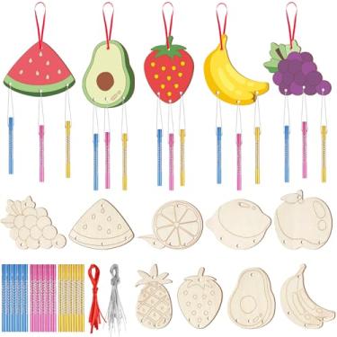 Imagem de CORNER LACE Pacote com 9 kit de sino de vento para crianças, tema de frutas, artes de madeira e pintura, ornamentos para pendurar para atividades ao ar livre, casa, jardim, pátio, escola, sala de