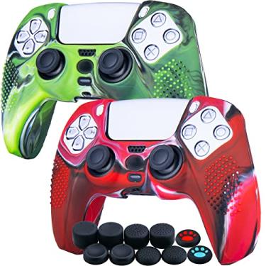 Imagem de YoRHa Capa de silicone cravejada para controle PS5 x 2 (vermelho camuflagem + verde) com 10 punhos Pro Thumb