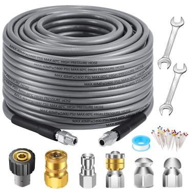Imagem de Kit de esgoto Jetter 3,5 m para lavadora de pressão, mangueira de limpeza de dreno 5800PSI 1/4 polegada NPT, canto, giratório e botão bocal de esgoto com chave inglesa fita impermeável pino de corpete pérola (mangueira cinza)