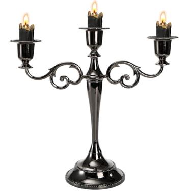 Imagem de YOUEON Candelabro preto de 3 braços, suporte de vela de candelabro, suporte de castiçal de 25 cm de altura, elegante suporte de vela cônica para casamento, igreja, Halloween, jantar, decoração de casa