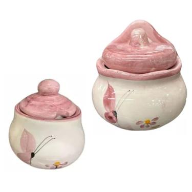 Imagem de Saleiro e Açucareiro de Cerâmica Rosa com Borboletas Kit Com 2 Peças
