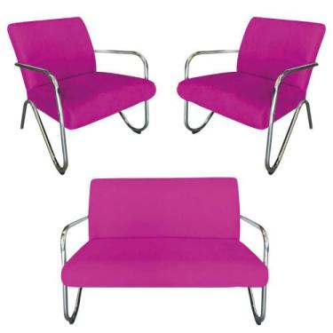 Imagem de Kit Namoradeira + 2 Poltronas Decorativa Bela Couro Rosa Pink Braço Cr