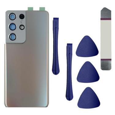 Imagem de Substituição de vidro traseiro para Galaxy S21 Ultra 5G G998U para Samsung Galaxy S21 Ultra 5G G998U com lentes de vidro da câmera fitas pré-instaladas + kits de ferramentas de reparo (prateado)
