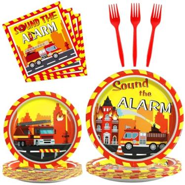 Imagem de Conjunto de artigos de festa de aniversário para 25 convidados, kit de guardanapos e garfos de caminhão de bombeiro para meninos e meninas, crianças, verão, caminhão de bombeiros, aniversário, decoração de festa, lembrancinhas de festa
