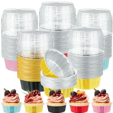 Imagem de Pacote com 100 ramequins descartáveis com tampas 227 g creme brulee ramekin folha de alumínio forro de cupcake para assar muffins descartáveis recipiente de cheesecake para catering festa de casamento