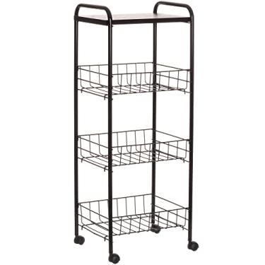 Imagem de Fruteira de Chão 3 Cestos com Tampo de Madeira e Rodas, Cor Preto, Metaltru