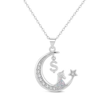 Imagem de Sulimy Colar com pingente de lua de cristal e cavalo crescente, cobre com pingente de estrela banhado a prata com símbolo de dólar, colar feminino para mãe, joia de cristal, presente para aniversário