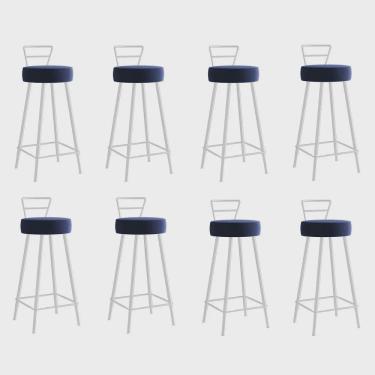 Imagem de Kit 08 Banqueta Alta Com Encosto Tina Eiffel Cozinha Bar Bistrô Ferro Branco Corino Azul Marinho - Ahazzo Móveis