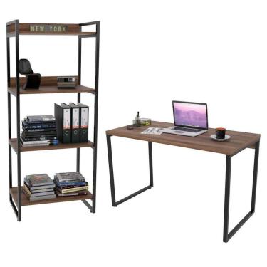 Imagem de Conjunto Escritório Estilo Industrial Mesa 135cm E Estante 60cm 4 Prateleiras Prisma C08 Nogal