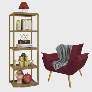 Imagem de Kit Poltrona Fatte com Manta Soft Cinza e Estante Livreiro Ferro Dourado mdf Rústico Su...
