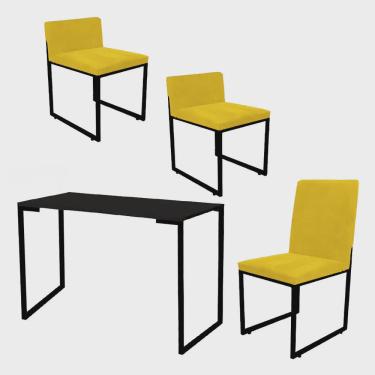 Imagem de Kit Mesa Escrivaninha com Cadeira Stan e 2 Poltronas Lee Tampo Preto Ferro Preto Corino Amarelo - Ahz Móveis