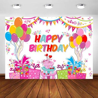 Imagem de Avezano Pano de fundo de feliz aniversário para decorações de festa infantil, 2,1 x 1,5 m, balões coloridos, vela de confetes, festa de aniversário, festa de aniversário, material de fotografia para