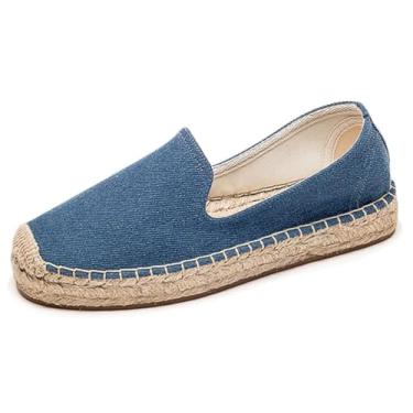 Imagem de U-lite Mocassim feminino clássico sem cadarço casual plataforma bico bico simples alpargata lona, Jeans escuro (tamanho pequeno, tamanho acima), 41