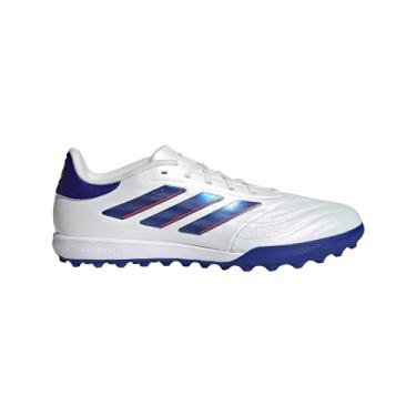 Imagem de adidas Tênis de futebol Copa Pure 2 League Turf – Cabedal confortável, sola de borracha, feito com 20% de materiais reciclados para grama artificial, Branco/azul lúcido, vermelho solar, 11 Women/12