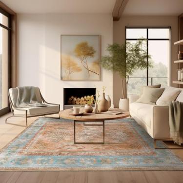 Imagem de Ashler Tapete Boho Area, 15 x 23 cm, Vintage, Grande, Decoração para vários cômodos - Laranja/azul-petróleo/terracota, antiderrapante e lavável na máquina