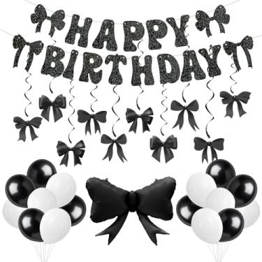 Imagem de jority Decorações Para Festa Com Laço Preto, De Aniversário Coquete, Incluindo Faixa Feliz Aniversário, Redemoinho Pendurado, Balão Metalizado, Balões Látex Preto E Branco,