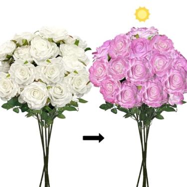 Imagem de SNAIL GARDEN Rosas artificiais que mudam de cor, rosa falsa branca 15 flores, 65 cm, caule longo, roxo, rosas falsas, flores de seda para decoração de casa, centros de mesa de casamento, buquês de
