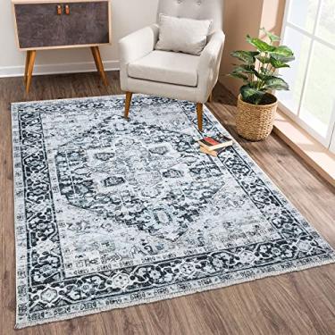 Imagem de Bloom Rugs Tapete lavável antiderrapante 2x3 - Tapete de área oriental tradicional azul jeans para sala de estar, quarto, sala de jantar e cozinha - Tamanho exato: 5 x 7 cm
