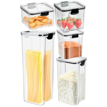 Imagem de Kit Completo 5 Potes Herméticos 2,15L + 1,450L + 950ml + 710ml + 450ml | Porta Mantimentos| Organizador Empilhável Cozinha Armário | BPA Free | Armazenamento em Geladeira Freezer| Tipo Acrílico