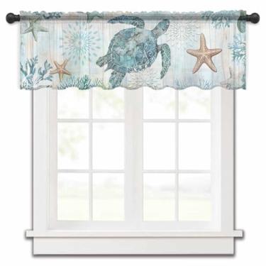 Imagem de Cortina transparente turquesa tartaruga náutica sanefa para janelas de cozinha, verão, oceano, estrela-do-mar, coral, chiffon, tratamentos para janela, bolso para varão, saia curta para sala de estar
