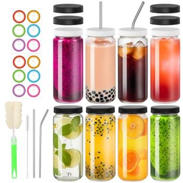 Imagem de STARSIDE Pacote com 8 garrafas de suco de vidro de 473 ml, copo reutilizável para smoothie com tampas herméticas, 4 canudos de bônus e 4 tampas perfuradas, frascos de água para suco, chá, kombucha