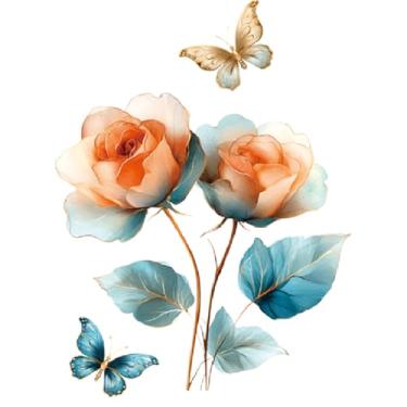 Imagem de Decalque de parede floral flores azuis e creme com borboleta adesivos de arte para decoração de casa (amarelo azul)