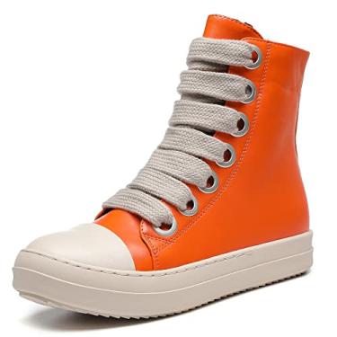 Imagem de MOFEEDOUKA Tênis feminino de cano alto com cadarços grossos de couro PU plataforma confortável para caminhada com zíper, PU laranja, 12