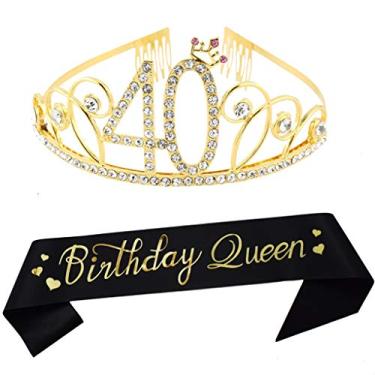 Imagem de Dgasin Happy 40th Birthday Party Supplies Birthday Queen Faixa com glitter e tiara de cristal coroa para mulheres 40 decorações de festa lembrancinhas douradas, Large, Cristal