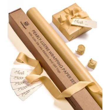Imagem de Vitalizart Conjunto de papel de embrulho dourado de 76 cm com fita de cetim semelhante a seda e etiquetas de presente, reciclável, ecológico, presente de Natal, aniversário, chá de bebê, casamento,