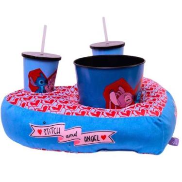 Imagem de Almofada Pipoca Stitch Angel Coração + Balde Copos Canudo 550ml ic Lic