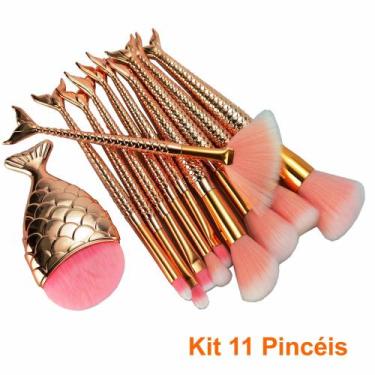 Imagem de Kit 11 Pinceis para Maquiagem Sereia Calda De Peixe Dourado CBRN11421 