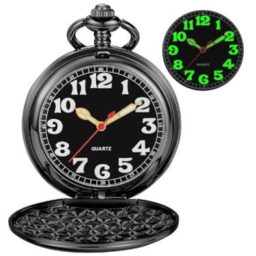 Imagem de Tiong Relógio de bolso masculino com cobertura lisa, números arábicos luminosos, mostrador preto, relógio de bolso com corrente, BS-new06, Tendência