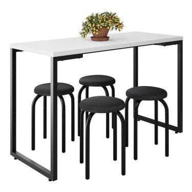 Imagem de Mesa De Cozinha Bistrô Porto Branco 120cm Com 4 Banquetas Industriais Maviê Preto - Mpozenato